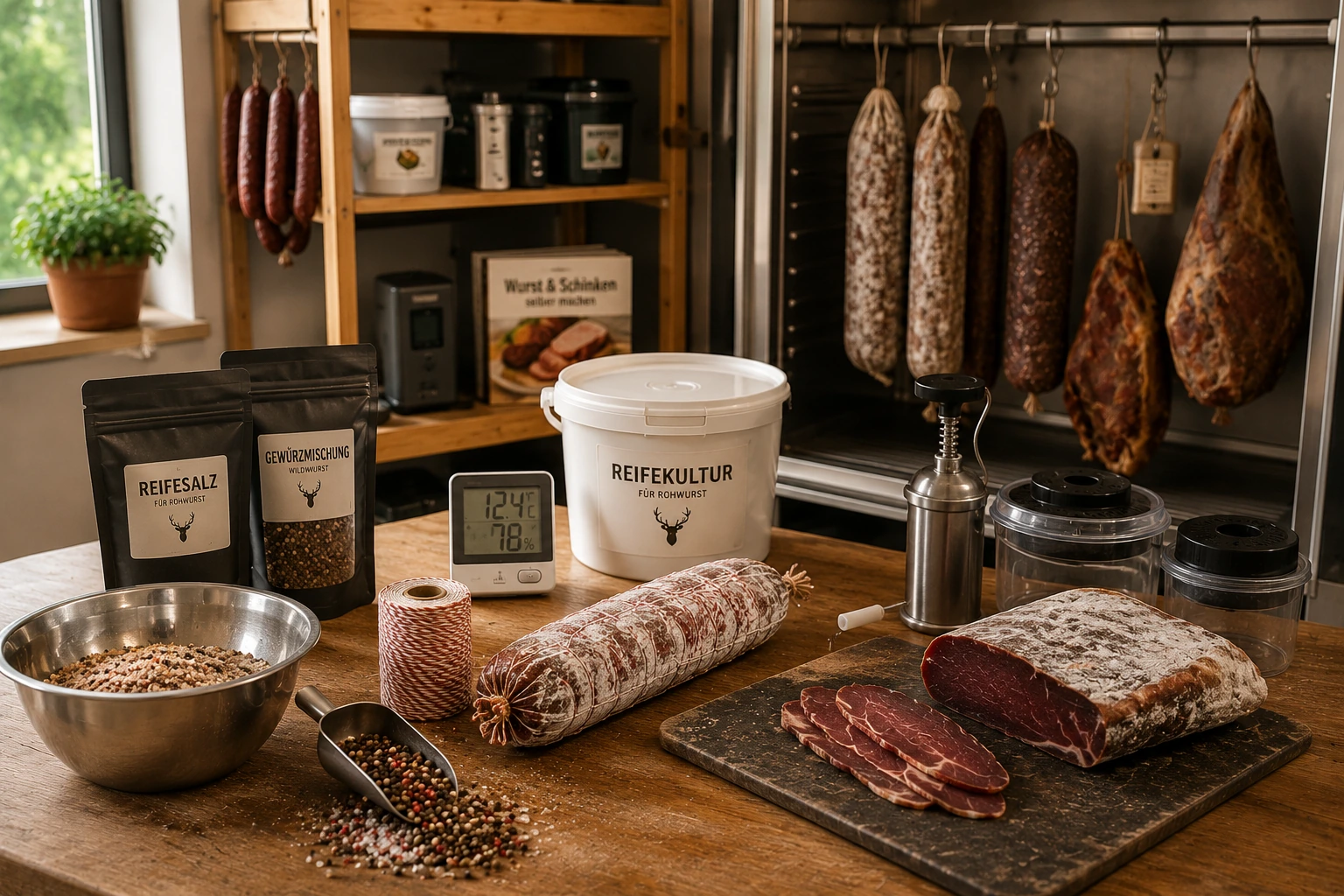 Zubehör und Zutaten zum Reifen, Pökeln und Veredeln von Wildbret und Wurstwaren mit Gewürzen, Reifekulturen und gereiften Fleischprodukten in rustikaler Umgebung.