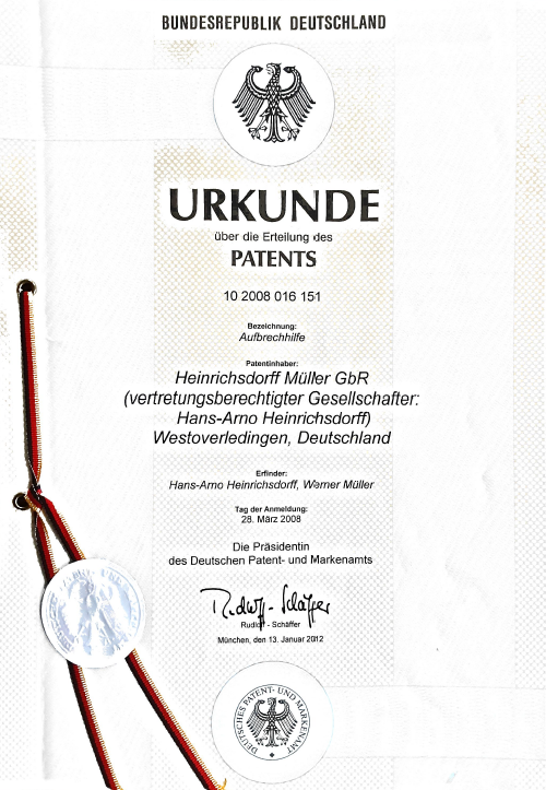 Patenturkunde für eine Aufbrechhilfe aus dem Jahr 2008
